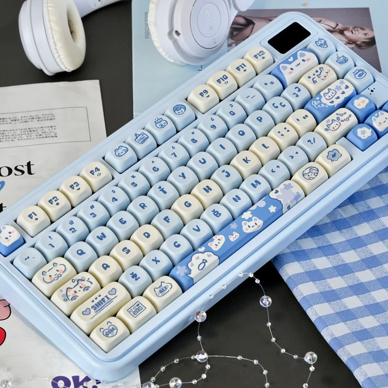 Cute Blue Cat PBT Keycaps Doubleshot MOA Profile key cap Set for 61/68/75/84/87/89/96/98/100/104/108 Layouts Mechanical Keyboard