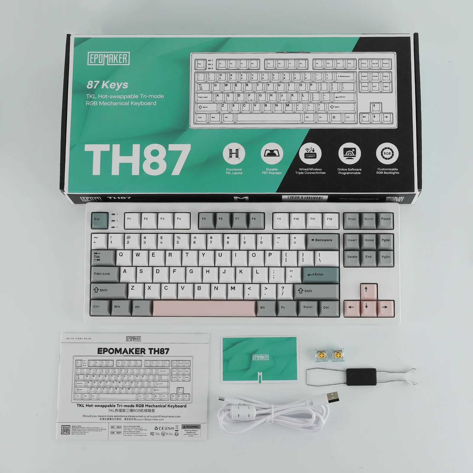 EPOMAKER TH87 TKL US ANSI Layout Gasket Hot-Swap Wired/BT/2.4Ghz Wireless Mechanical Keyboard with RGB Light 10000mAh Battery