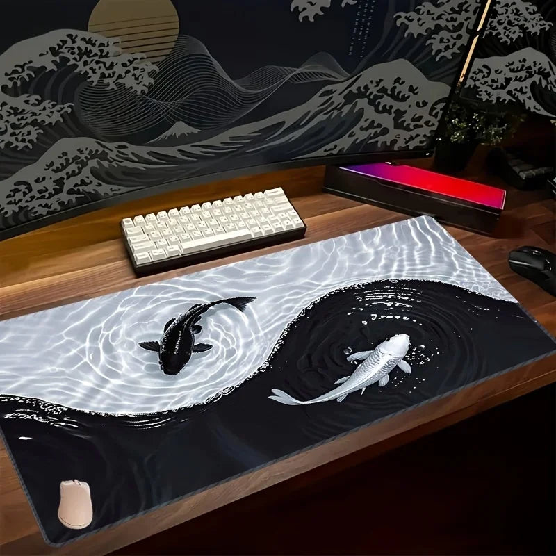 Tai Chi Koi Fish Mouse Pad XXL Large Gaming Desk Mat Non Slip Rubber Base Stitched Edge Waterproof for PC Laptop Office