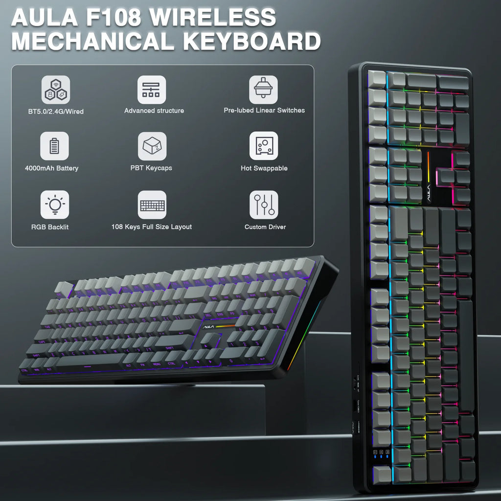 AULA F108 Keyboard 100% Layout 1K Polling Rate Mechanical Gaming Keyboard Hot Swappable Linear Switch with Macro Software