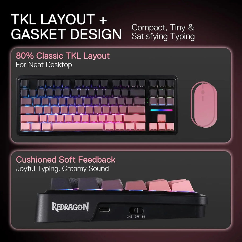 Redragon K728 PRO 80% Wireless Gasket Gaming Keyboard, 3-Mode 87 Keys TKL Mechanical Keyboard w/South-Facing LED & Hot-Swap Sock