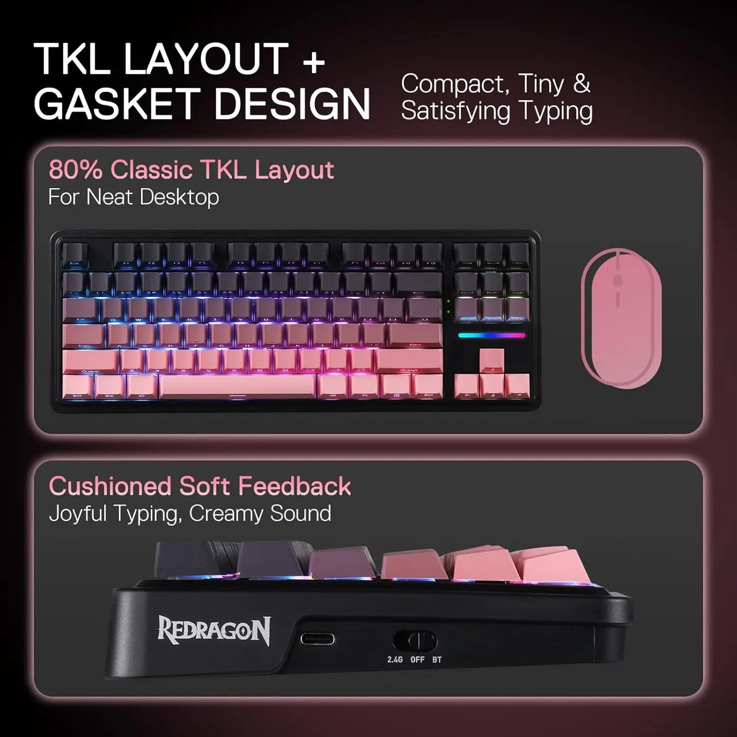 Redragon K728 PRO 80% Wireless Gasket Gaming Keyboard, 3-Mode 87 Keys TKL Mechanical Keyboard w/South-Facing LED & Hot-Swap Sock
