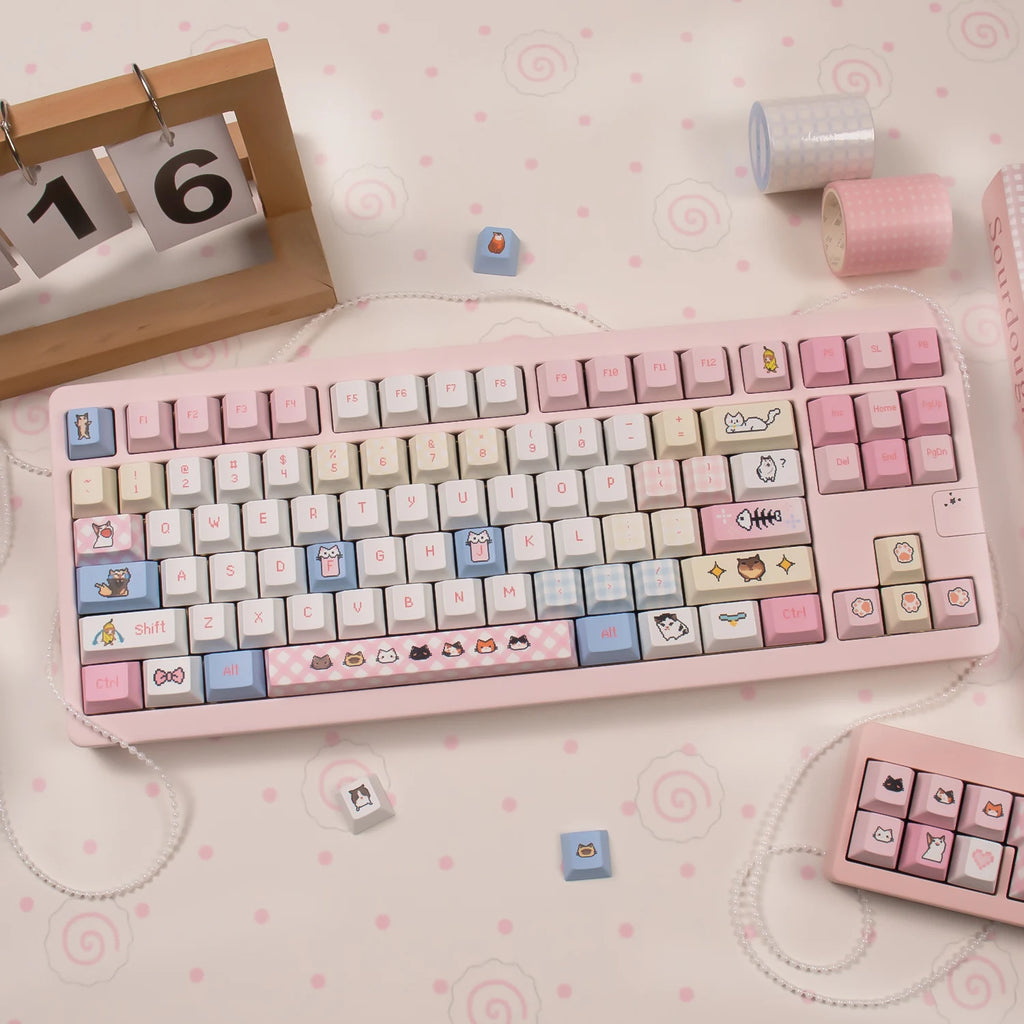 Pink kitten Keycaps Dye-sub Cherry profile PBT keycaps set Emojis keycaps sets For MX 61/68/96/104 Mechancial keyboard