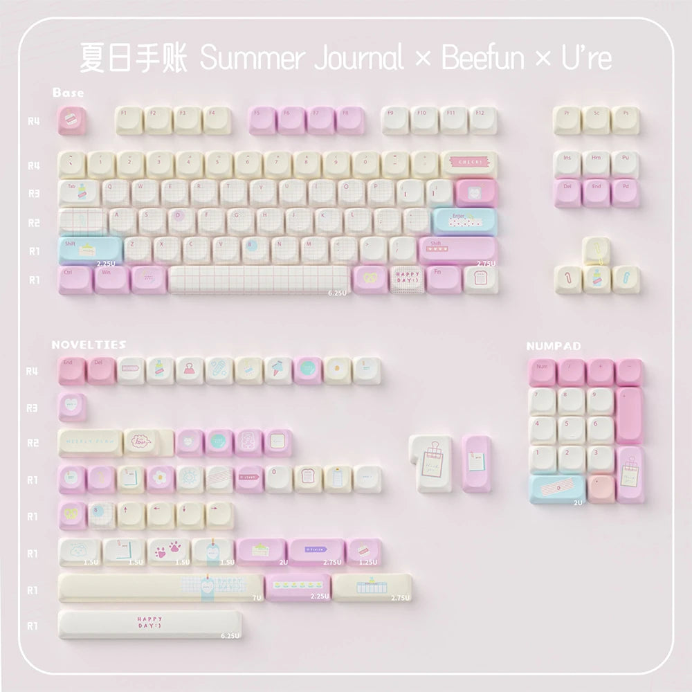 Summer Journal Keycaps Dye-sub Cherry profile/MOA PBT keycaps set Pink Cute key caps For MX 61/68/96/104 Mechancial keyboard