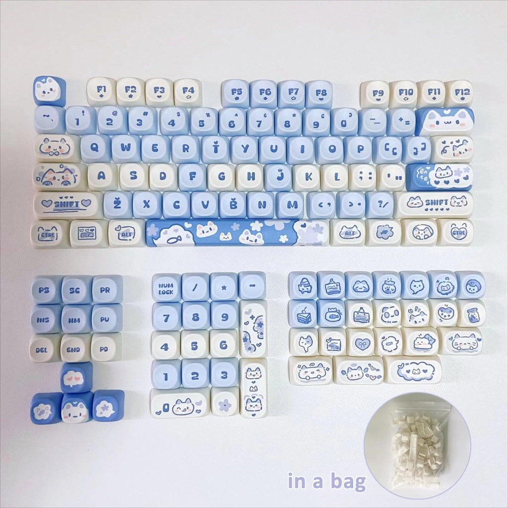 Cute Blue Cat PBT Keycaps Doubleshot MOA Profile key cap Set for 61/68/75/84/87/89/96/98/100/104/108 Layouts Mechanical Keyboard