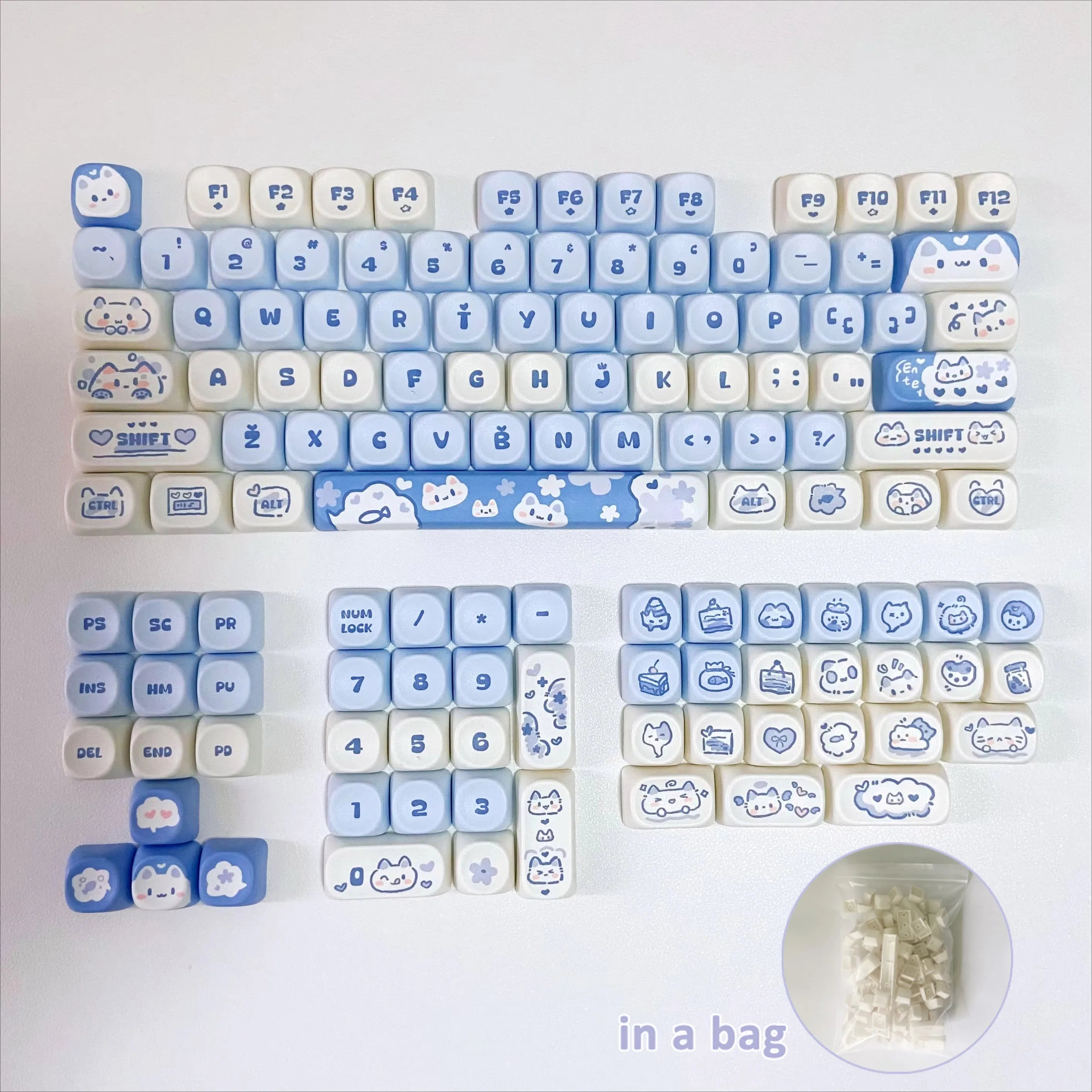 Cute Blue Cat PBT Keycaps Doubleshot MOA Profile key cap Set for 61/68/75/84/87/89/96/98/100/104/108 Layouts Mechanical Keyboard