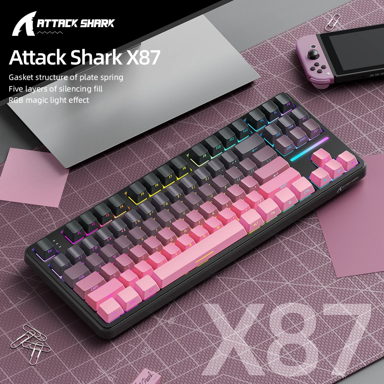 ATTACK SHARK X87 Wireless Mechanical Keyboard, Tri-Mode 87 Keys Gasket Mount, Hot-Swap, PBT RGB Gaming Keyboard Compact TKL