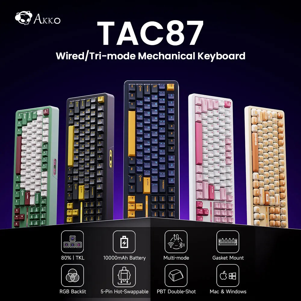 Akko TAC87 Mechanical Keyboard 80% TKL Hot-swap RGB USB Wired/2.4G&BT Wireless 10000mAh Gaming PC Keyboard Gasket Mount