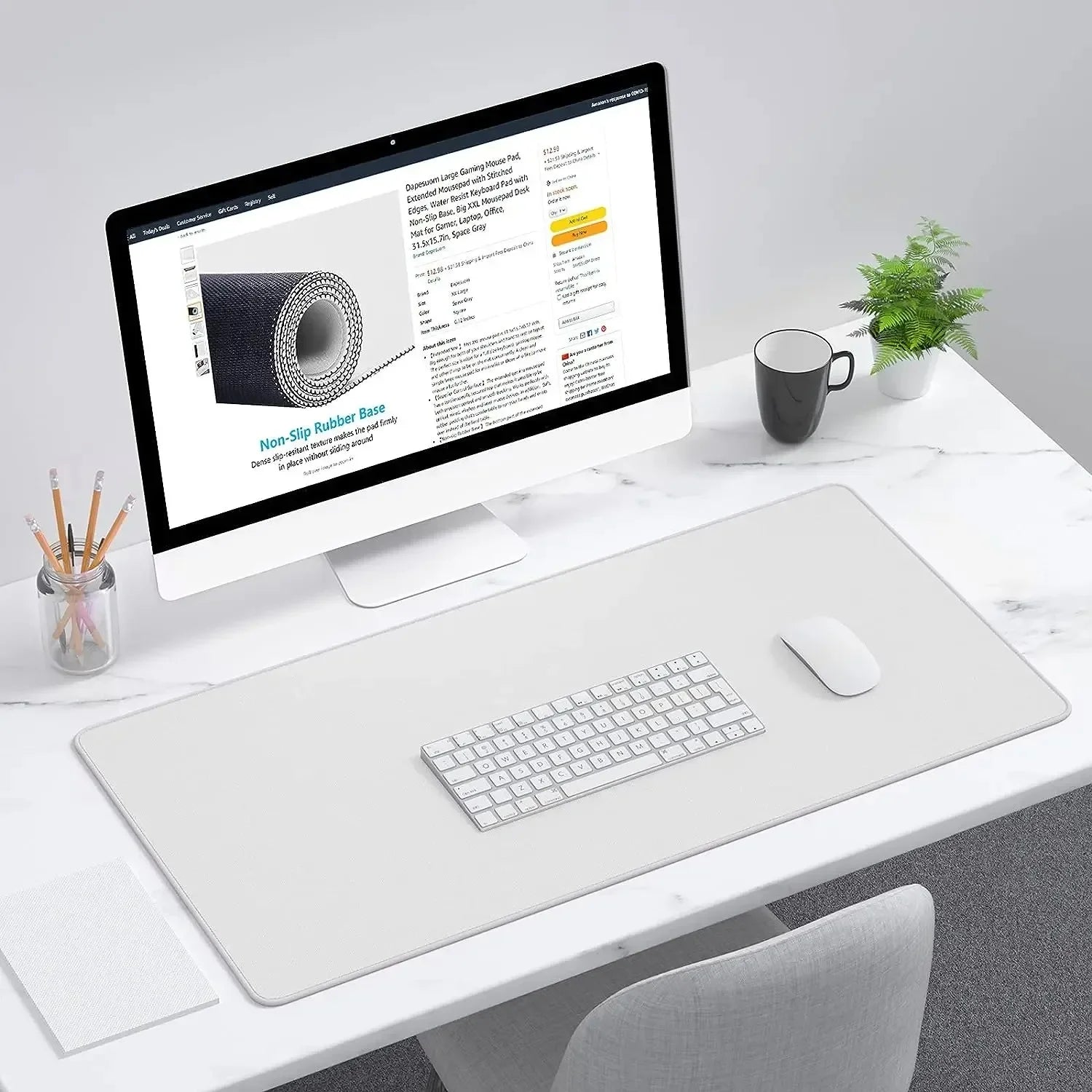 White Mouse Pad Gaming Accessory XXL Stitched Edges Long Deskmats HD Non-Slip Computer Extended Keyboard Mat for Laptop Mousepad