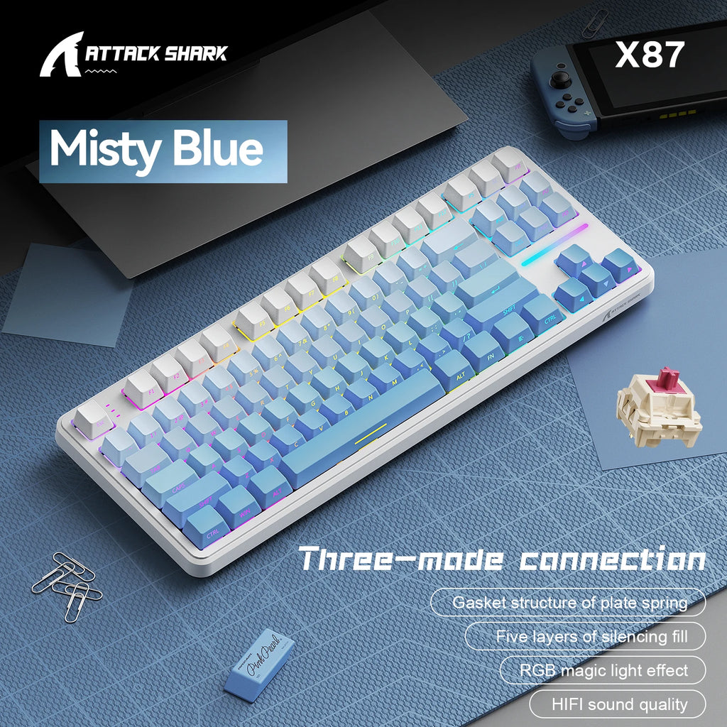 ATTACK SHARK X87 Wireless Mechanical Keyboard, Tri-Mode 87 Keys Gasket Mount, Hot-Swap, PBT RGB Gaming Keyboard Compact TKL