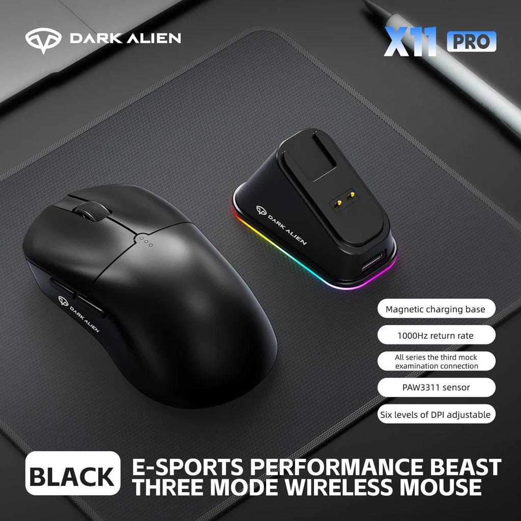 DARK ALIEN X11 Pro Wireless Mouse,Bluetooth/2.4G/wired Tri-Mode Mouse ,PAW3311 RGB Magnetic charging dock Gaming Mouse