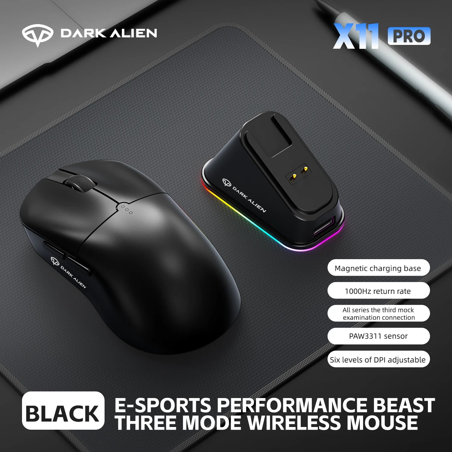 DARK ALIEN X11 Pro Wireless Mouse,Bluetooth/2.4G/wired Tri-Mode Mouse ,PAW3311 RGB Magnetic charging dock Gaming Mouse