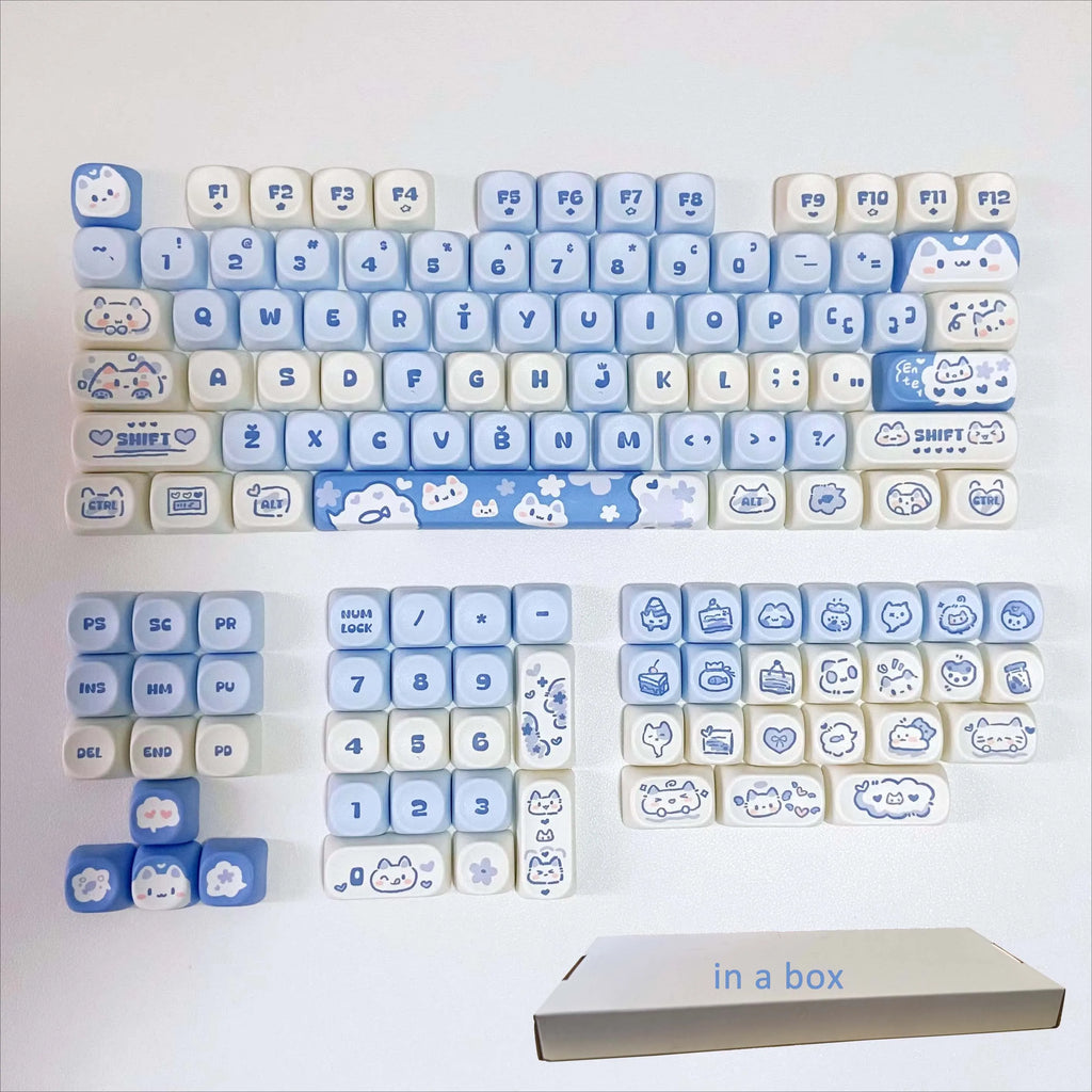 Cute Blue Cat PBT Keycaps Doubleshot MOA Profile key cap Set for 61/68/75/84/87/89/96/98/100/104/108 Layouts Mechanical Keyboard