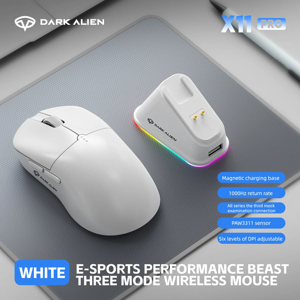 DARK ALIEN X11 Pro Wireless Mouse,Bluetooth/2.4G/wired Tri-Mode Mouse ,PAW3311 RGB Magnetic charging dock Gaming Mouse