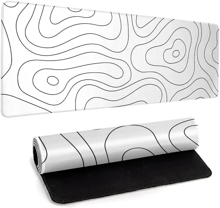 White Gaming Mouse Pad Topography Contour Large Mouse Pad Laptop Deskmat Keyboard Mat Stitched Edge Non-Slip Rubber Big Desk Pad