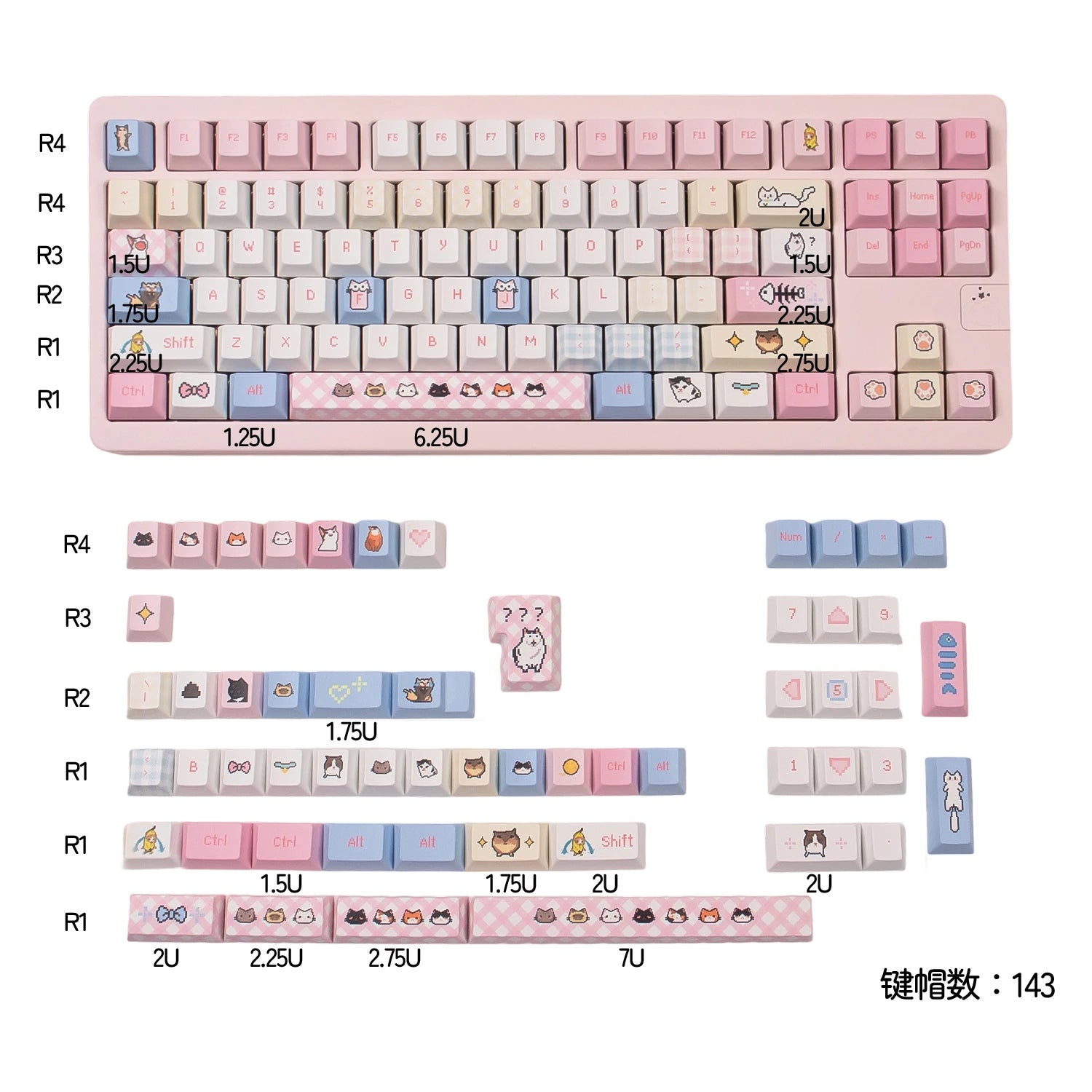 Pink kitten Keycaps Dye-sub Cherry profile PBT keycaps set Emojis keycaps sets For MX 61/68/96/104 Mechancial keyboard