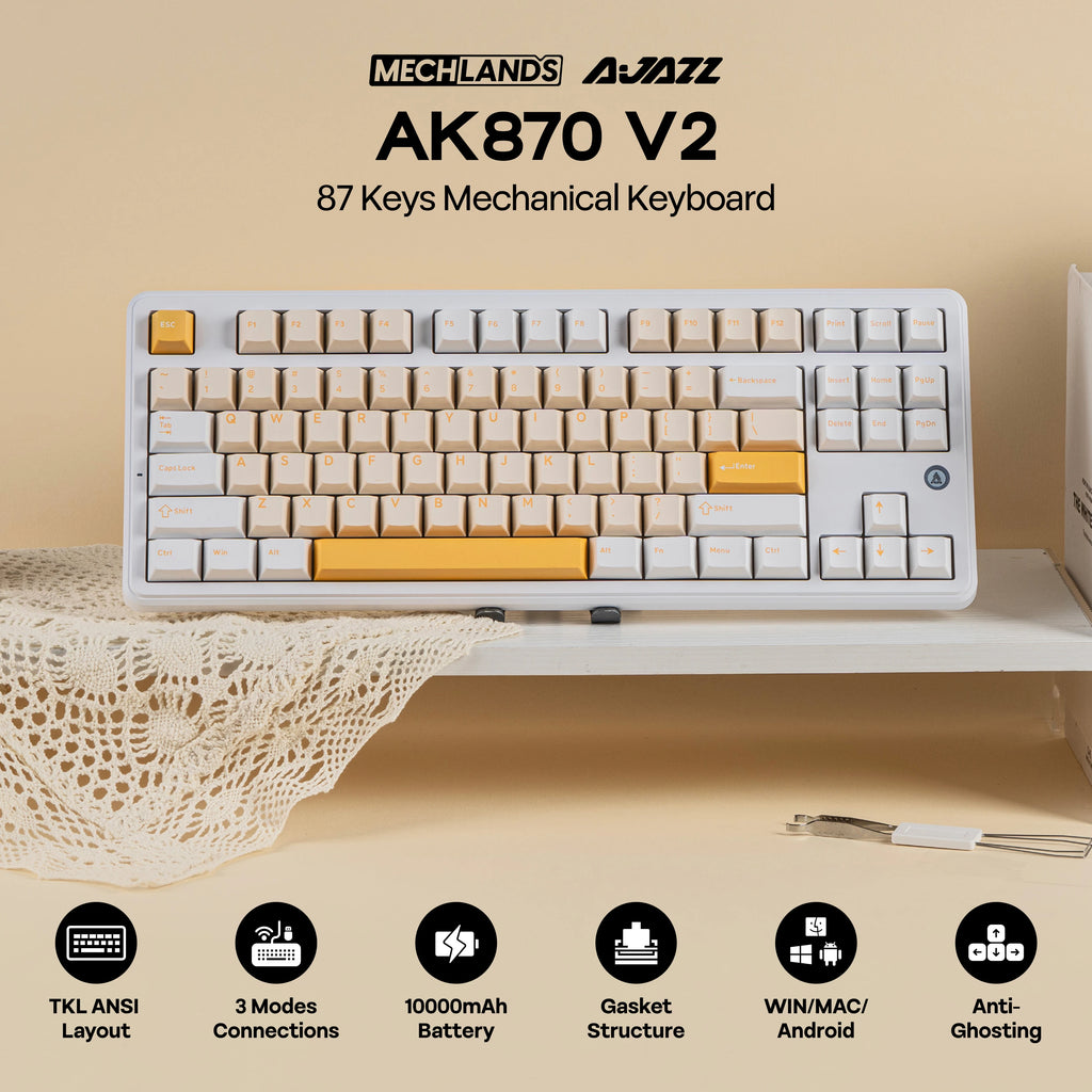 AJAZZ AK870 V2 TKL Gasket Hot-Swap Wired/BT5.0/2.4GHz Wireless Mechanical Keyboard RGB Backlit 10000mAh Battery NKRO for Win/Mac