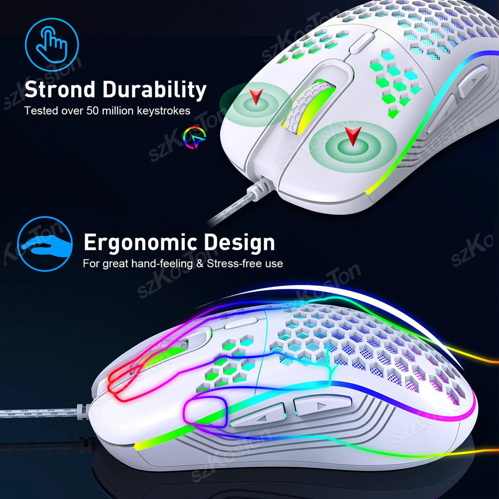 Honeycomb Wired Gaming Mouse RGB Backlight 7200 Adjustable DPI Ergonomic USB Computer Mice for Windows PC & Laptop Gamers