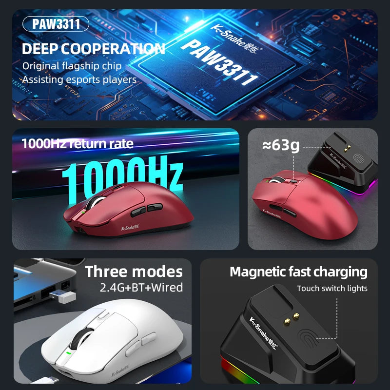 k-sanke x11 Bluetooth wireless mouse game three-mode e-sports laptop PAW311 desktop computer lightweight magnetic charging
