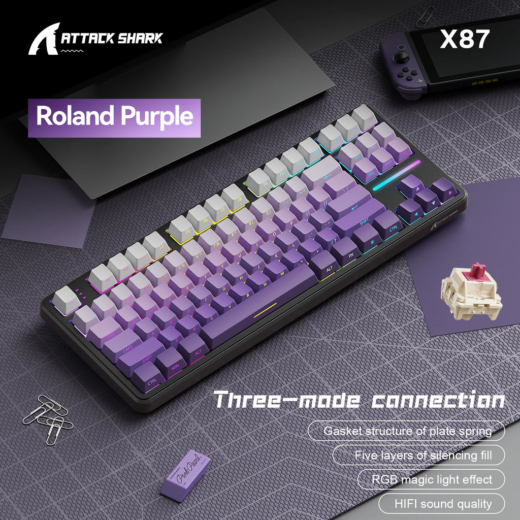 ATTACK SHARK X87 Wireless Mechanical Keyboard, Tri-Mode 87 Keys Gasket Mount, Hot-Swap, PBT RGB Gaming Keyboard Compact TKL