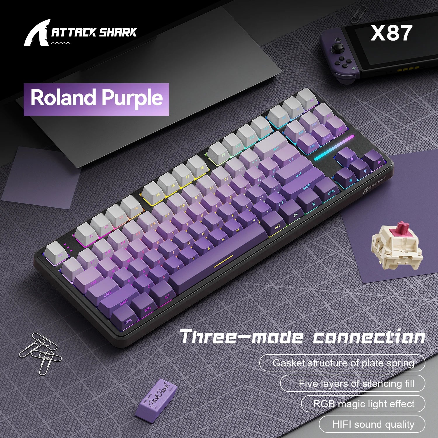 ATTACK SHARK X87 Wireless Mechanical Keyboard, Tri-Mode 87 Keys Gasket Mount, Hot-Swap, PBT RGB Gaming Keyboard Compact TKL