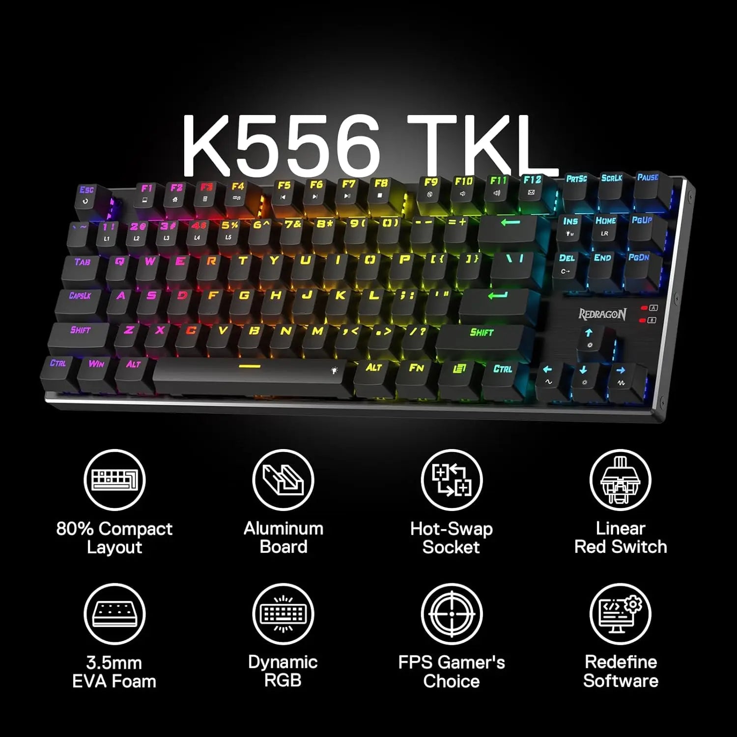 Redragon K660 (K556 TKL) RGB LED Backlit Wired 104 Keys Hot-Swap Noise Absorbing Foams Mechanical Gaming Keyboard， Red Switch