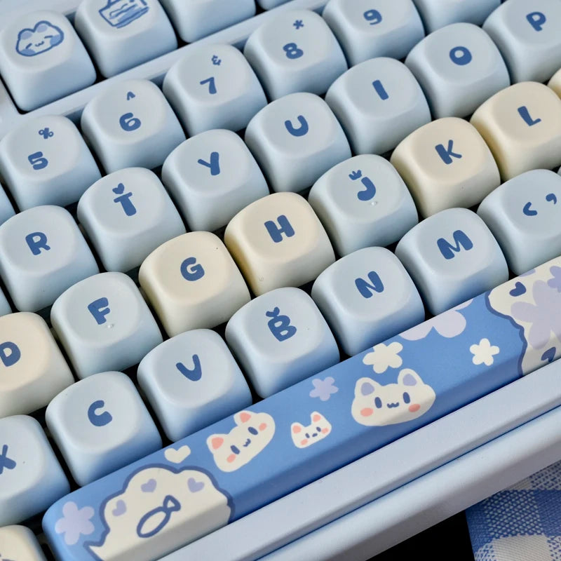 Cute Blue Cat PBT Keycaps Doubleshot MOA Profile key cap Set for 61/68/75/84/87/89/96/98/100/104/108 Layouts Mechanical Keyboard