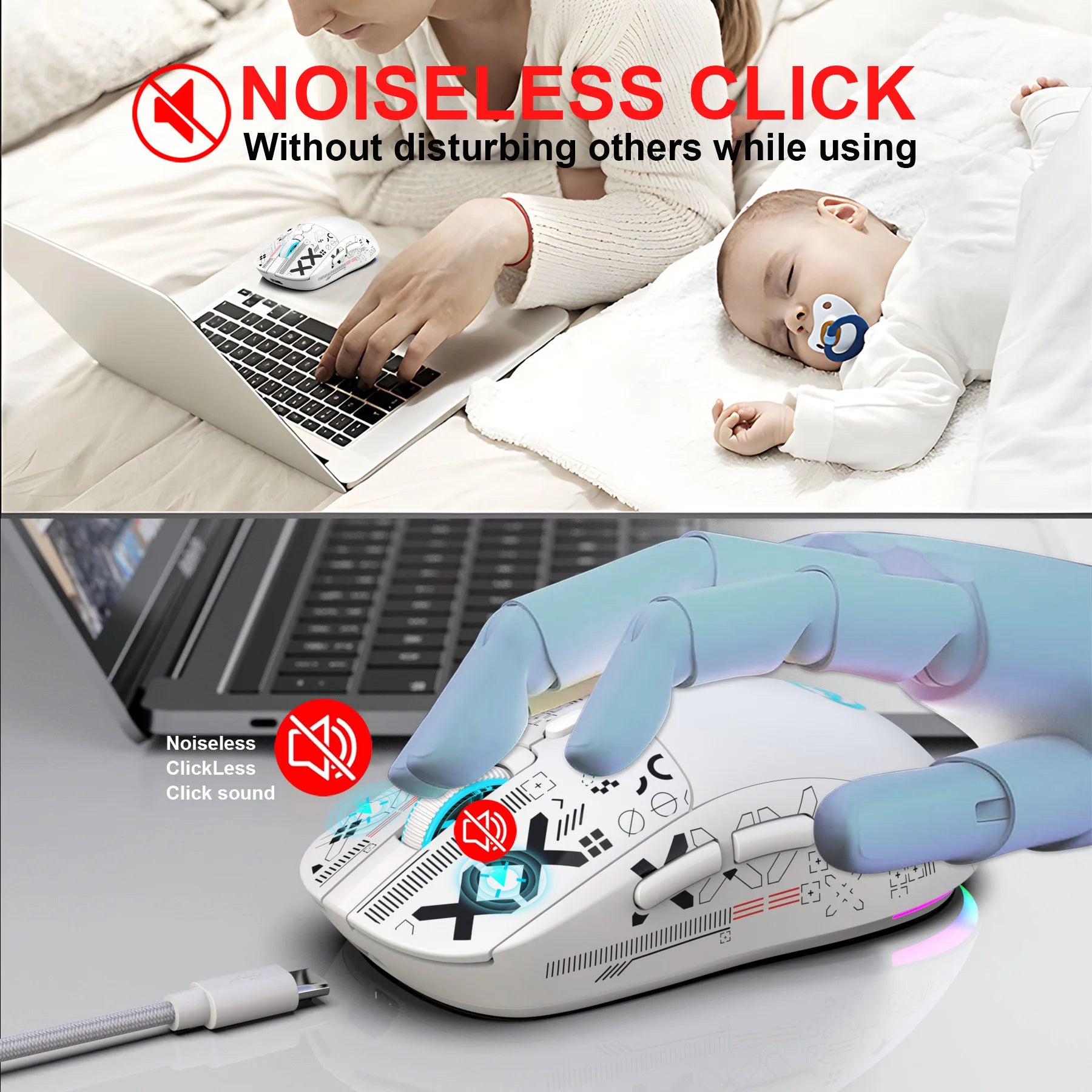 Popular HXSJ T90 2.4G 3-mode silent buttons ergonomic Colorful RGB Backlit 650mAh rechargeable wireless gaming mouse for laptop