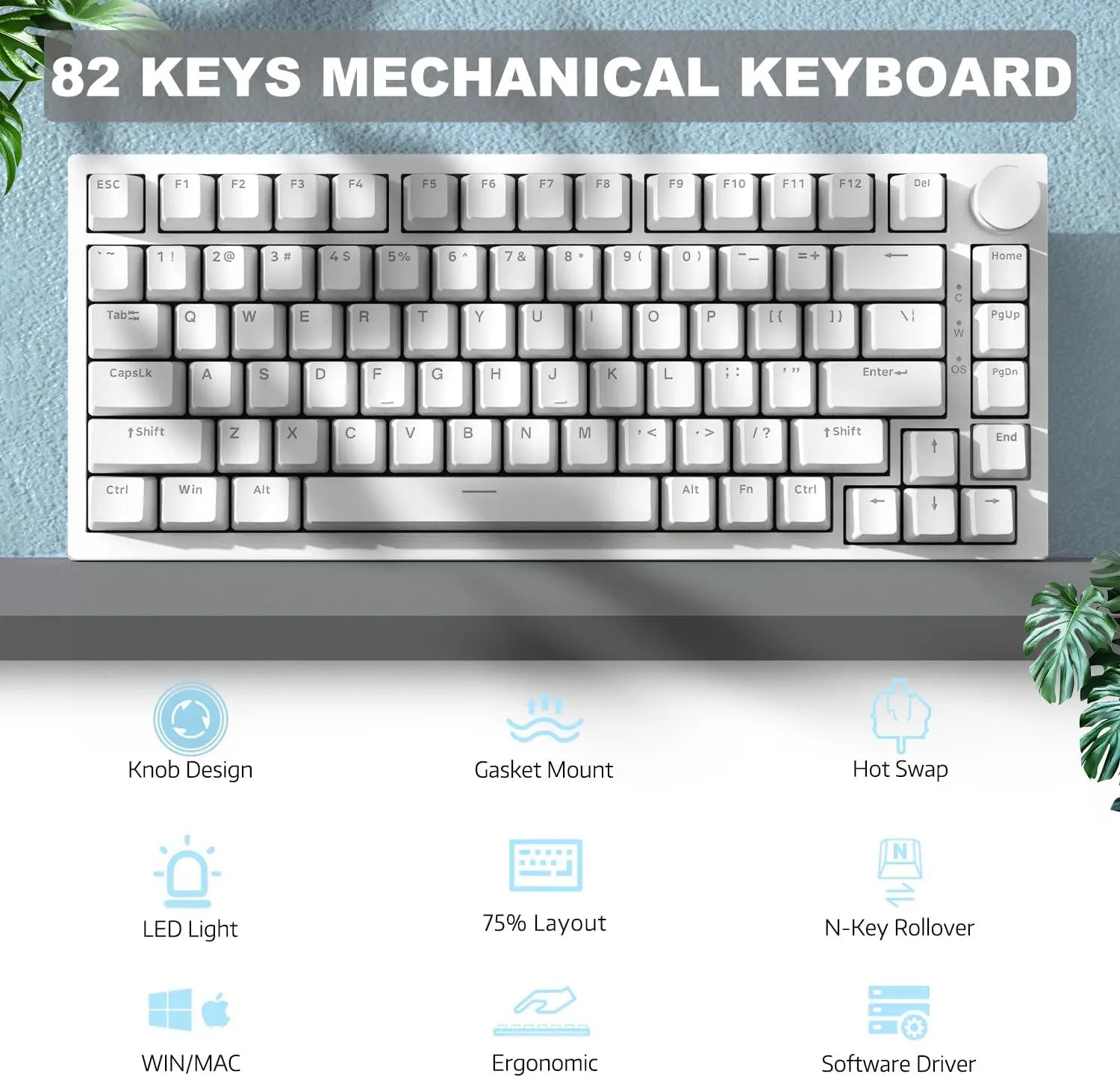 AJAZZ AK820 75% TKL Wired Gaming Mechanical Keyboard, Hot-Swap Blue Switch, Gasket Mount, 82 Keys with CNC Volume Knob