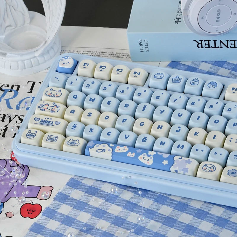 Cute Blue Cat PBT Keycaps Doubleshot MOA Profile key cap Set for 61/68/75/84/87/89/96/98/100/104/108 Layouts Mechanical Keyboard