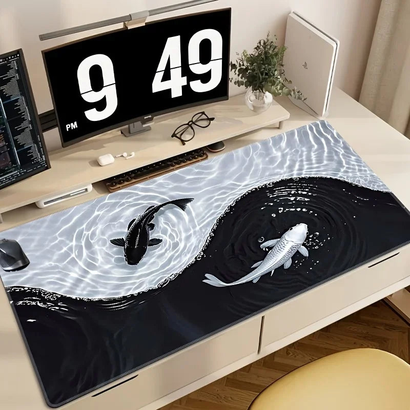 Tai Chi Koi Fish Mouse Pad XXL Large Gaming Desk Mat Non Slip Rubber Base Stitched Edge Waterproof for PC Laptop Office
