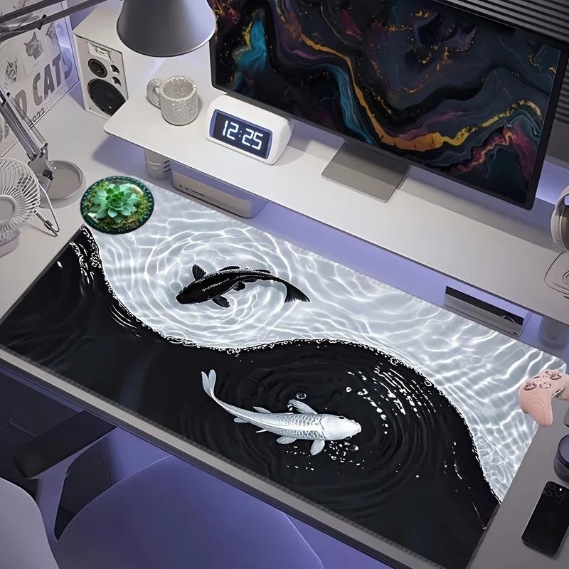 Tai Chi Koi Fish Mouse Pad XXL Large Gaming Desk Mat Non Slip Rubber Base Stitched Edge Waterproof for PC Laptop Office