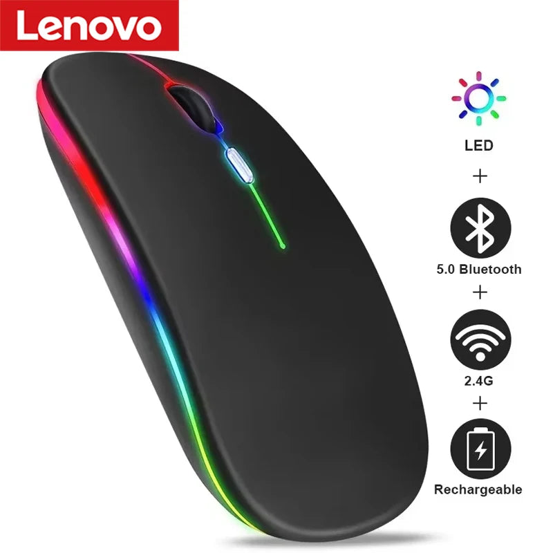 Lenovo Wireless Mouse Bluetooth and 2.4GHz Dual Modes Rechargeable RGB Ergonomic Silent Click for PC iPad Laptop Cell Phone