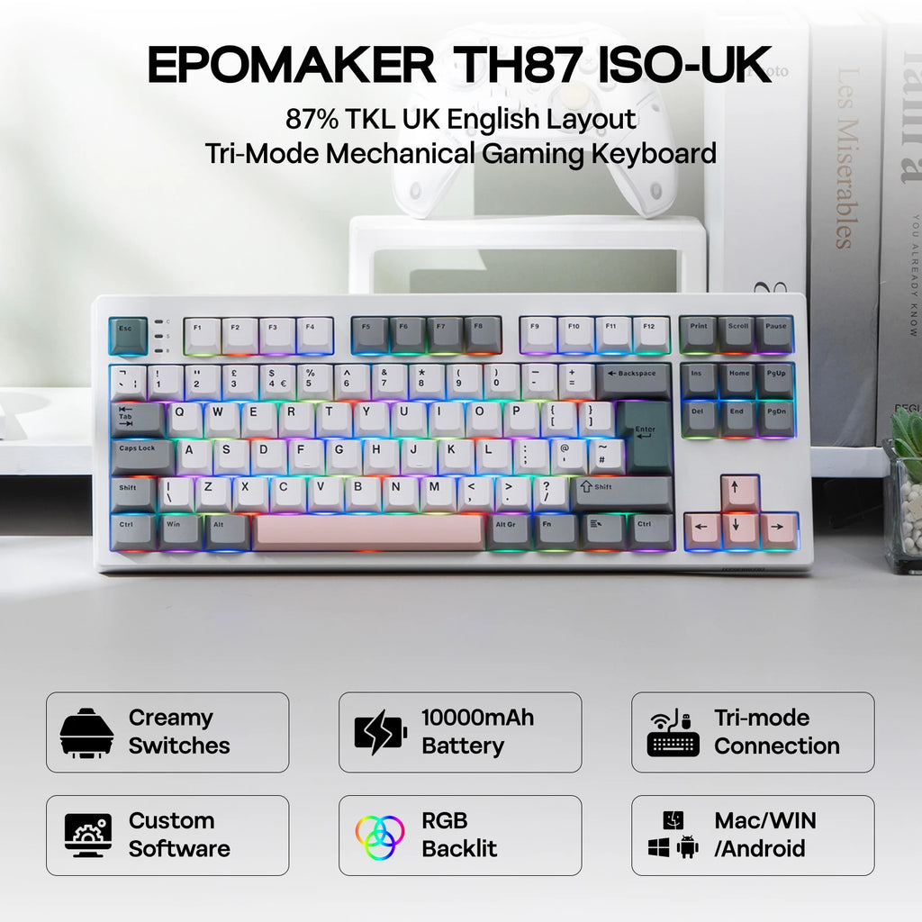 ISO-UK Layout EPOMAKER TH87 Tenkeyless TKL Layout Hot-Swap Gasket Wired/Bluetooth/2.4Ghz Wireless Mechanical Keyboard 10000mAh B