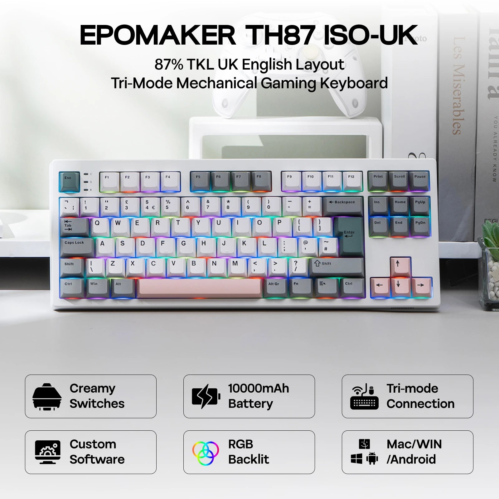 ISO-UK Layout EPOMAKER TH87 Tenkeyless TKL Layout Hot-Swap Gasket Wired/Bluetooth/2.4Ghz Wireless Mechanical Keyboard 10000mAh B
