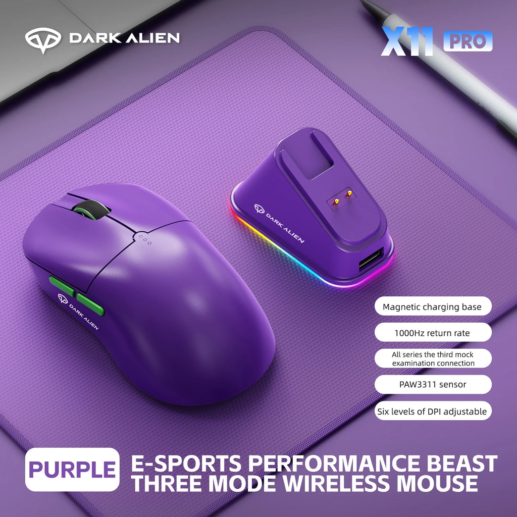 DARK ALIEN X11 Pro Wireless Mouse,Bluetooth/2.4G/wired Tri-Mode Mouse ,PAW3311 RGB Magnetic charging dock Gaming Mouse