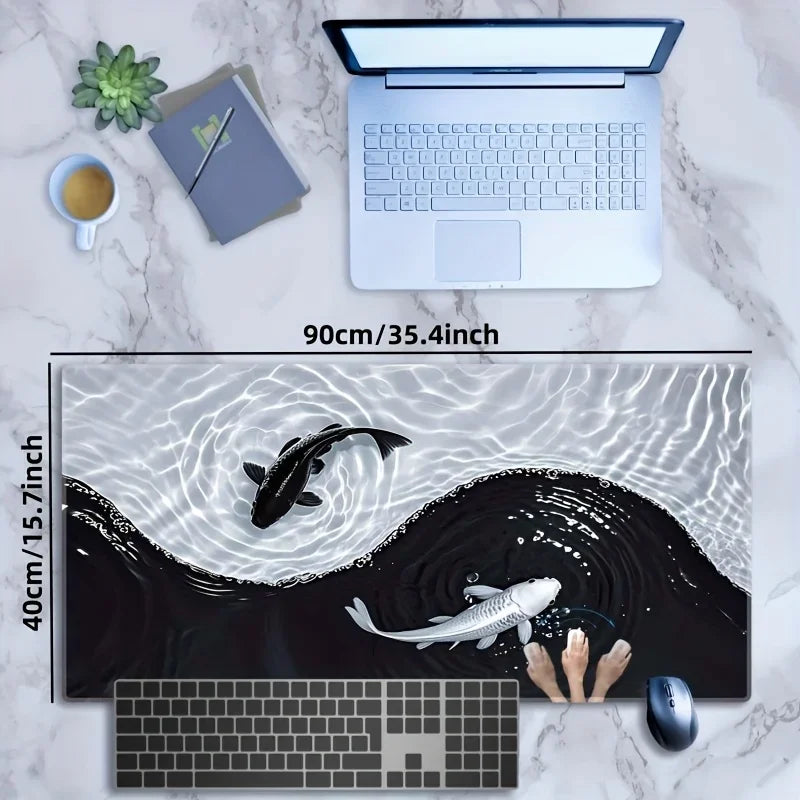 Tai Chi Koi Fish Mouse Pad XXL Large Gaming Desk Mat Non Slip Rubber Base Stitched Edge Waterproof for PC Laptop Office
