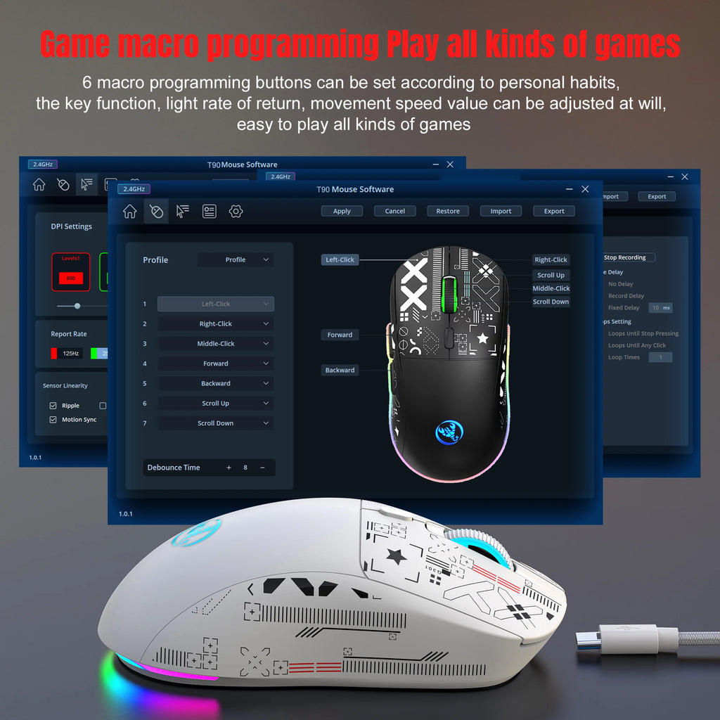 Popular HXSJ T90 2.4G 3-mode silent buttons ergonomic Colorful RGB Backlit 650mAh rechargeable wireless gaming mouse for laptop