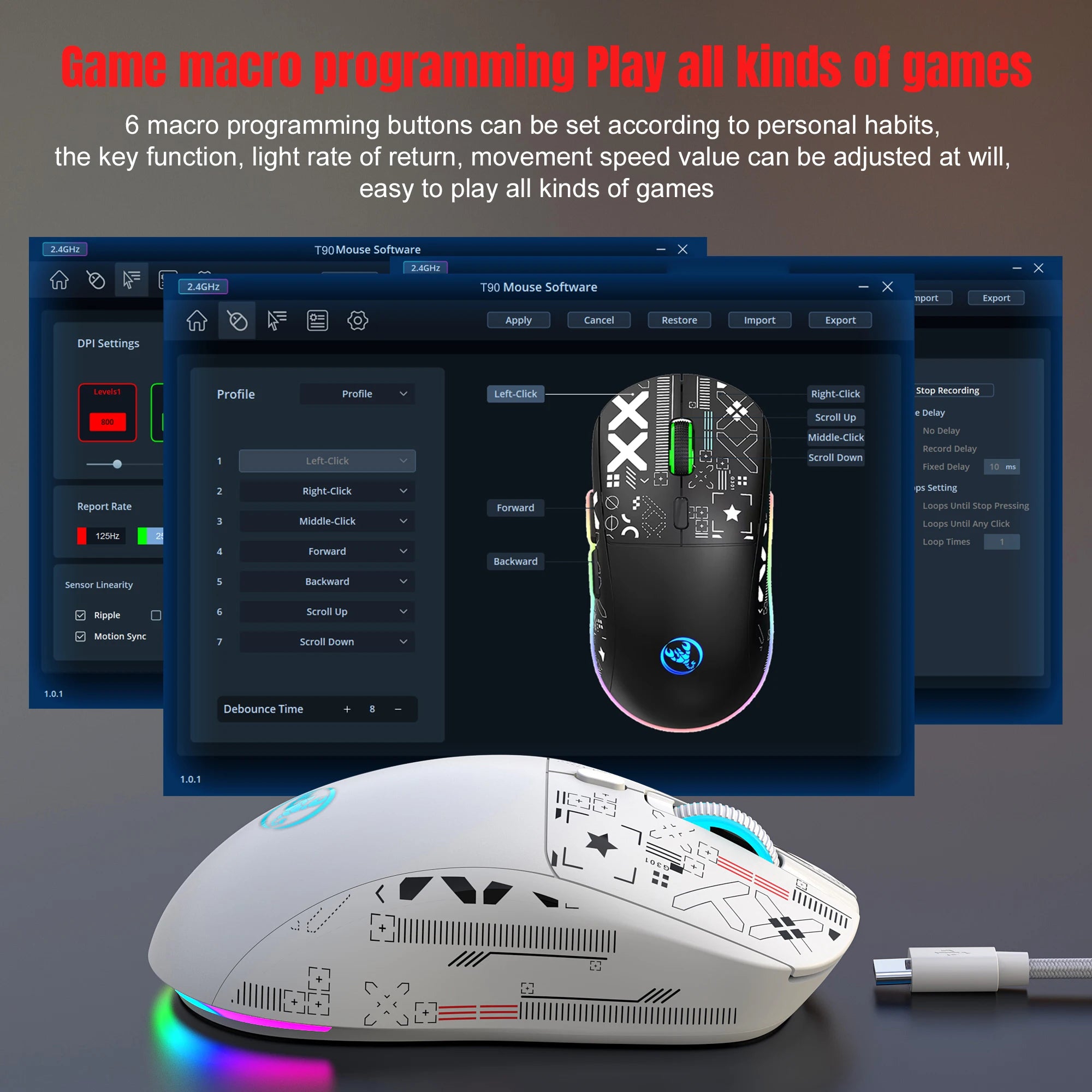 Popular HXSJ T90 2.4G 3-mode silent buttons ergonomic Colorful RGB Backlit 650mAh rechargeable wireless gaming mouse for laptop