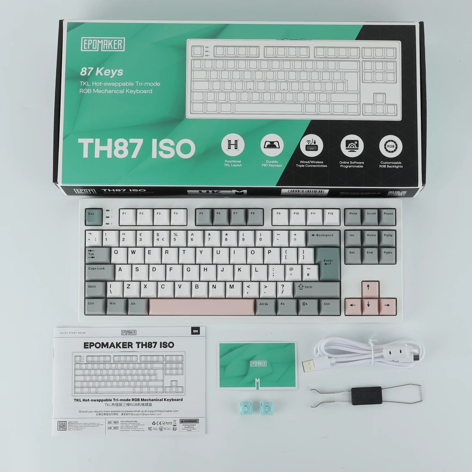 ISO-UK Layout EPOMAKER TH87 Tenkeyless TKL Layout Hot-Swap Gasket Wired/Bluetooth/2.4Ghz Wireless Mechanical Keyboard 10000mAh B
