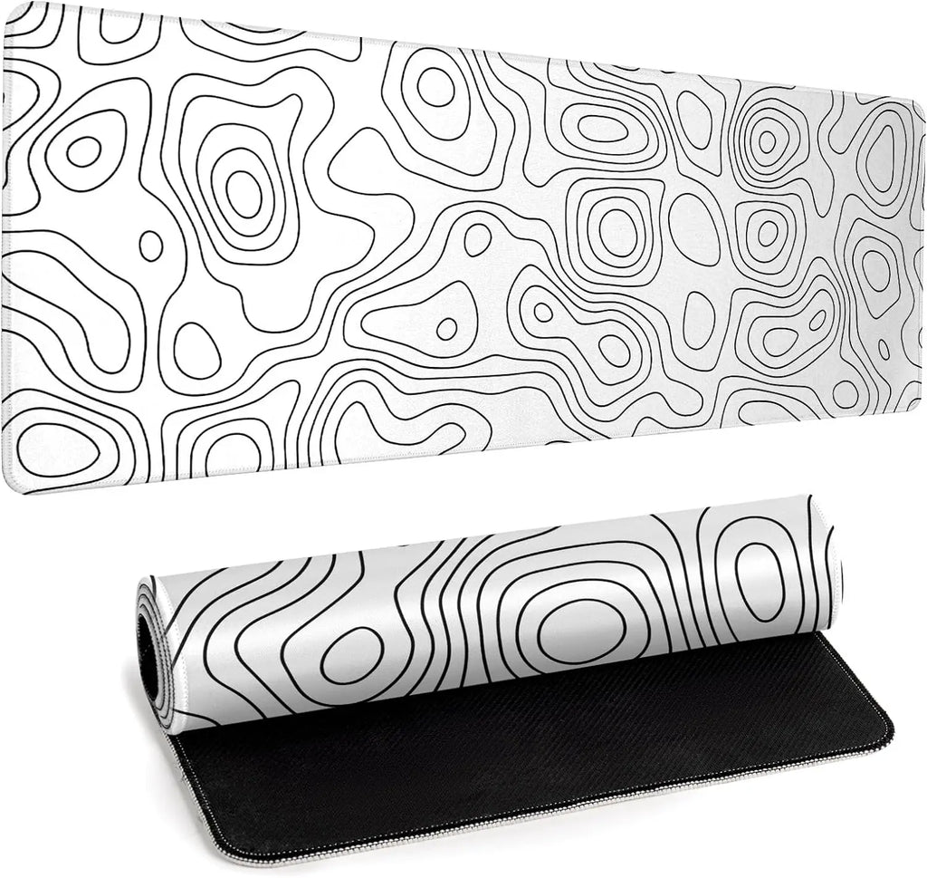 White Gaming Mouse Pad Topography Contour Large Mouse Pad Laptop Deskmat Keyboard Mat Stitched Edge Non-Slip Rubber Big Desk Pad