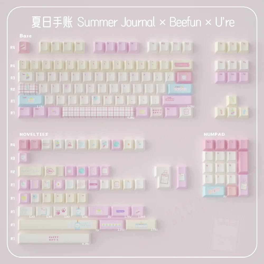 Summer Journal Keycaps Dye-sub Cherry profile/MOA PBT keycaps set Pink Cute key caps For MX 61/68/96/104 Mechancial keyboard