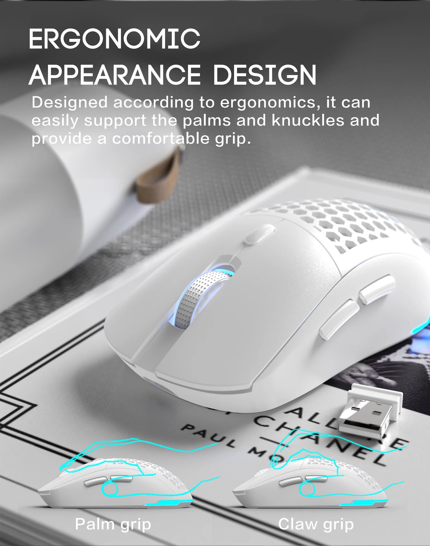 Wireless RGB Adjustable Lighting USB Honeycomb Design Rechargeable Mouse for Home Gaming Office Use - Plug And Play