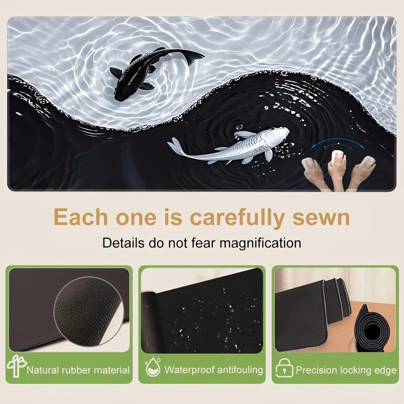 Tai Chi Koi Fish Mouse Pad XXL Large Gaming Desk Mat Non Slip Rubber Base Stitched Edge Waterproof for PC Laptop Office