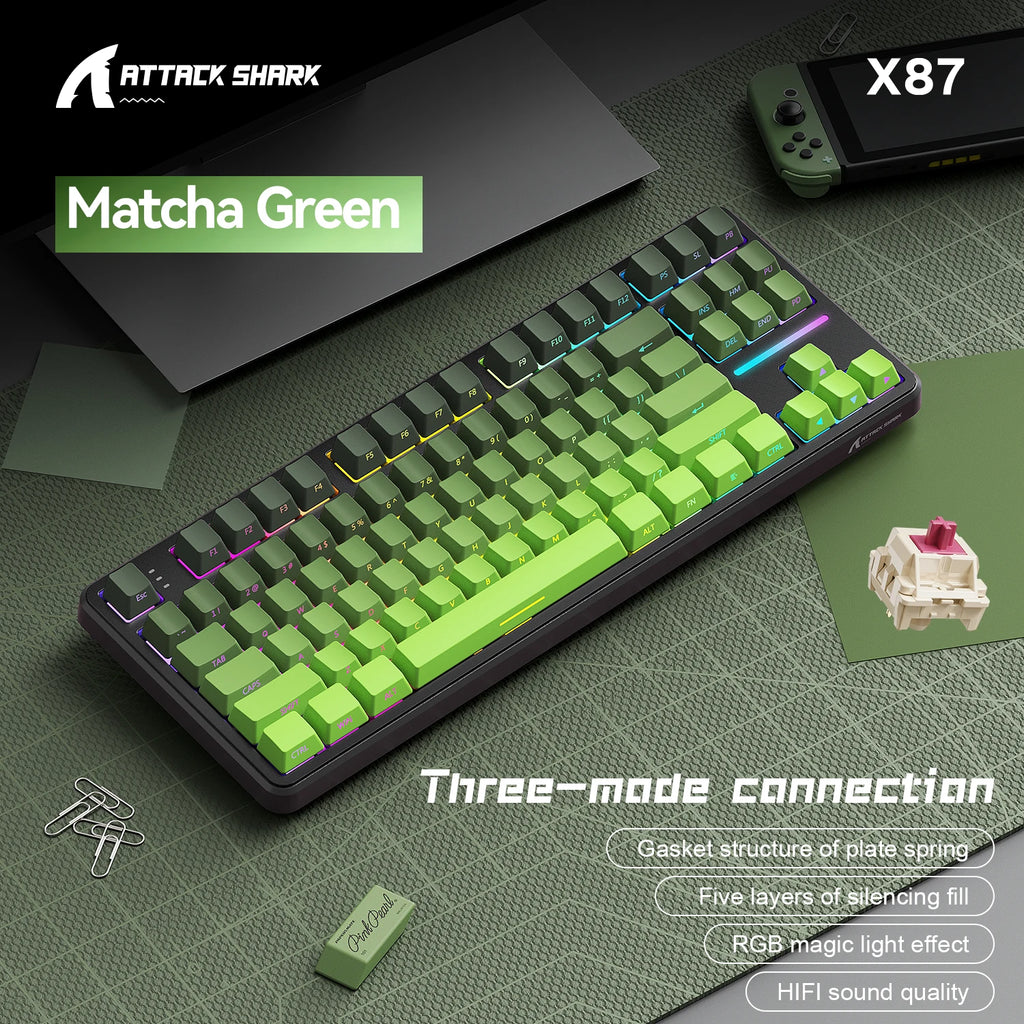 ATTACK SHARK X87 Wireless Mechanical Keyboard, Tri-Mode 87 Keys Gasket Mount, Hot-Swap, PBT RGB Gaming Keyboard Compact TKL